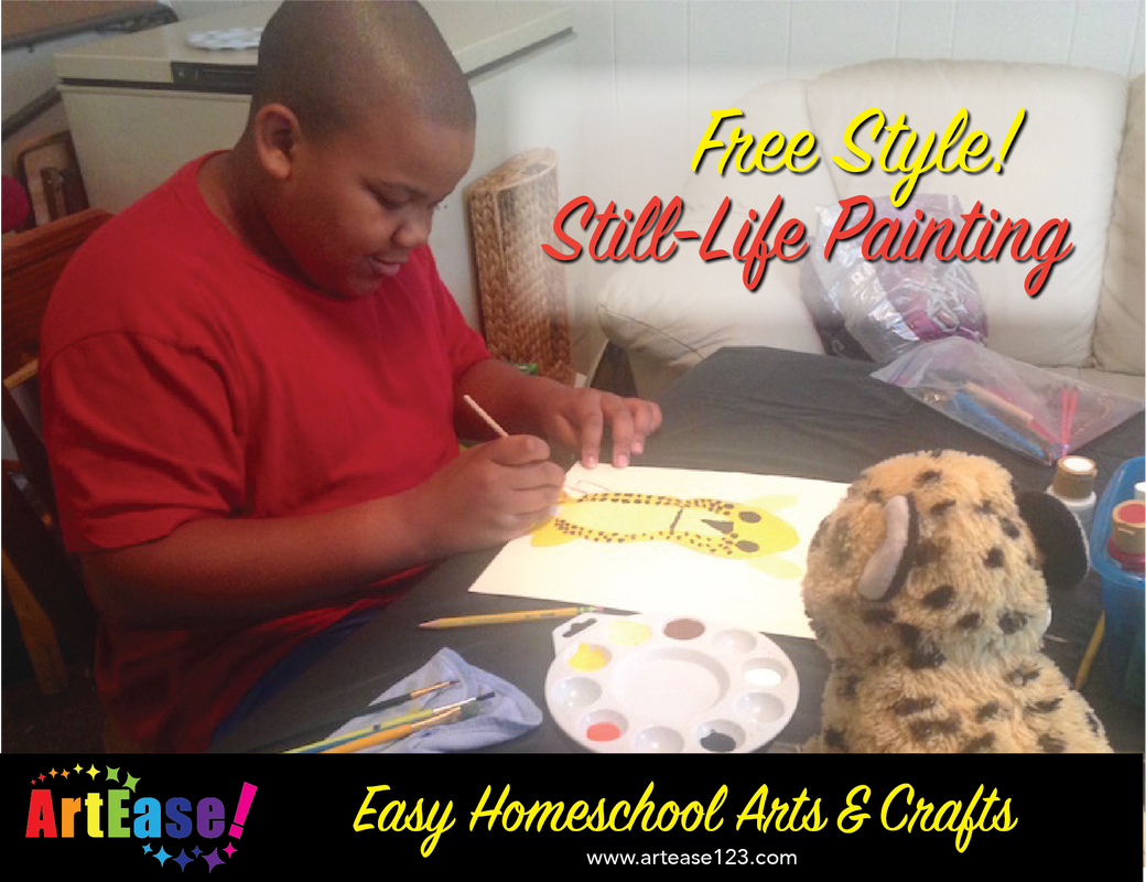 Easy Homeschool Arts & Crafts-Xander Painting Still Life Stuffed Animal Kazmond
