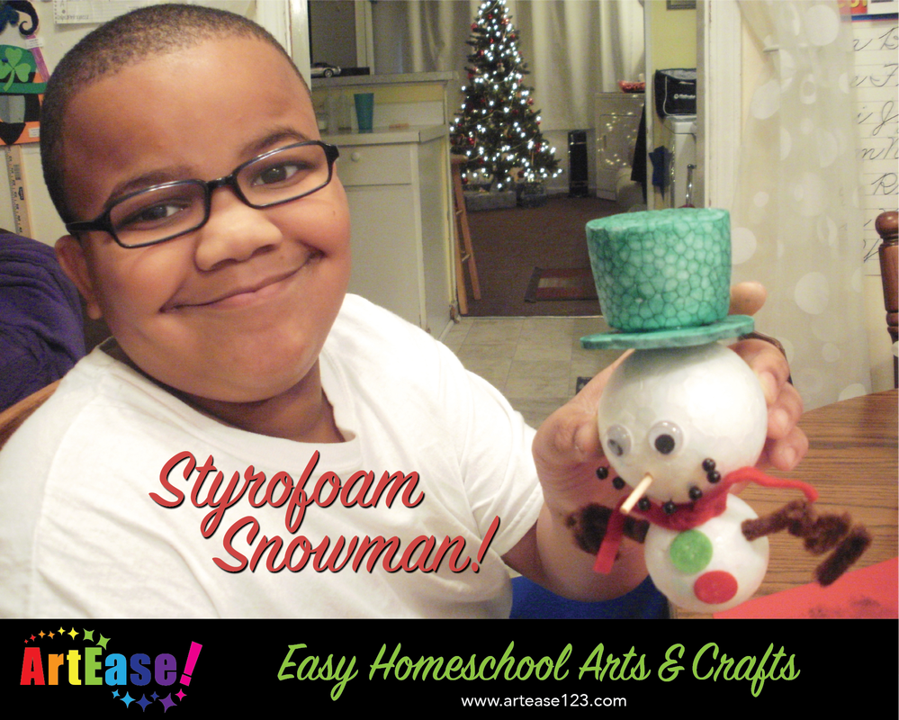 Easy Homeschool Arts & Crafts-Xander Styrofoam Snowman Christmas Art